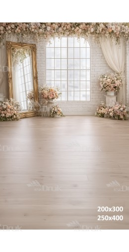 Tło fotograficzne „Romantyczne wnętrze z oknem i girlandą róż” | 3994